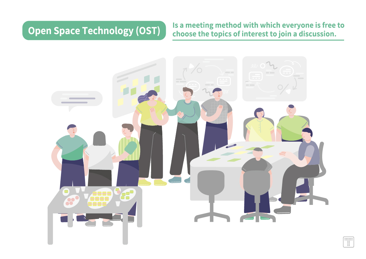 【Open Space Technology】 is a meeting method with which everyone is free to choose the topics of interest to join a discussion.